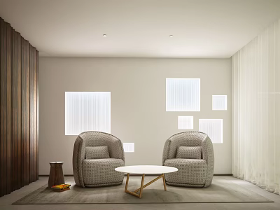 Modern Living Room Interior Design With Two Chairs Coffee Table Wooden Wall And White Curtains 3d model