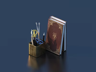 Pens in Brass Holder with Scissors Glasses and Red Decorated Book on Dark Blue Background 3d model
