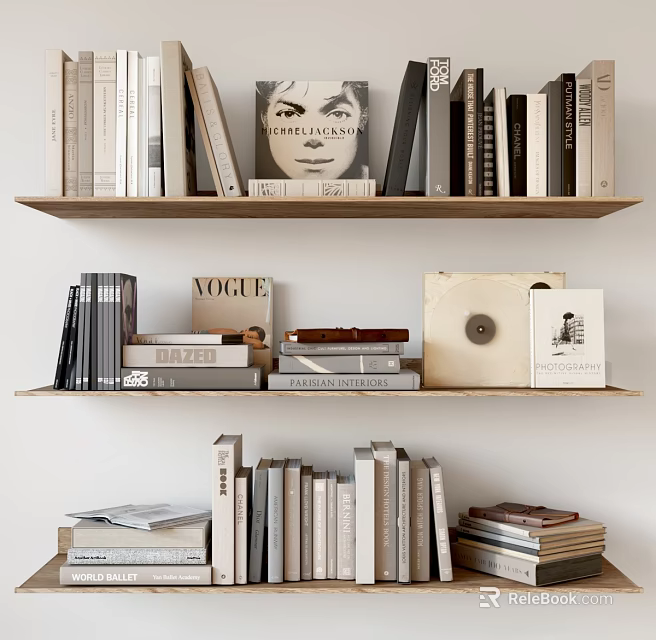 Modern Wooden Bookshelf With Various Books Vogue Magazine Portrait And Old Record On Shelves 3d model 
