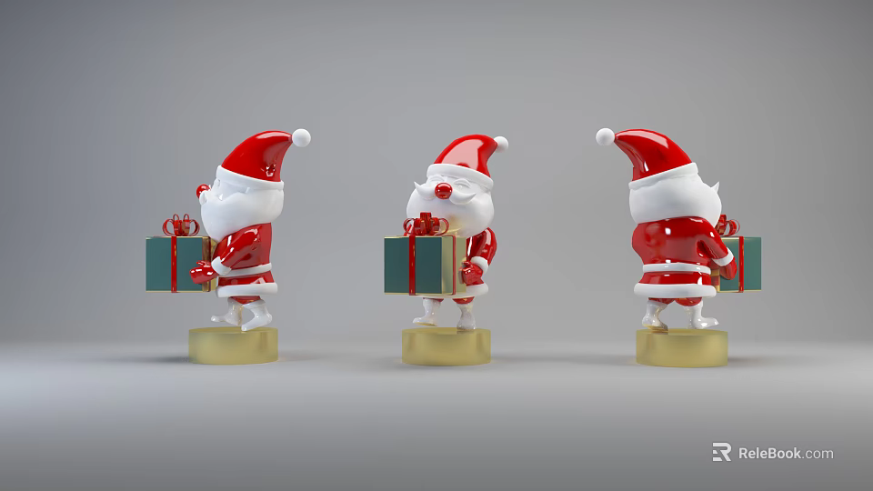 Three Christmas Santa Claus Decorative Ornament Set With Gift Boxes And Golden Bases 3d model 