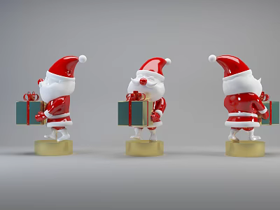 Three Christmas Santa Claus Decorative Ornament Set With Gift Boxes And Golden Bases 3d model