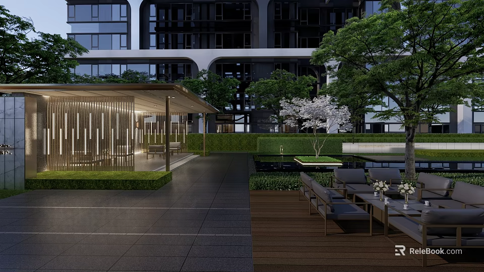 Residential Landscape With Modern Building Pavilion Greenery Lighting And Outdoor Seating Area 3d model 