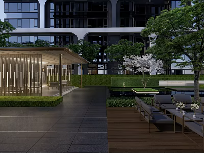 Residential Landscape With Modern Building Pavilion Greenery Lighting And Outdoor Seating Area 3d model