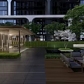Residential Landscape With Modern Building Pavilion Greenery Lighting And Outdoor Seating Area