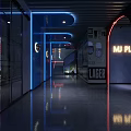 Modern Elevator Corridor Featuring Blue Red Neon Lights Decorative Walls And Reflective Flooring 3d model