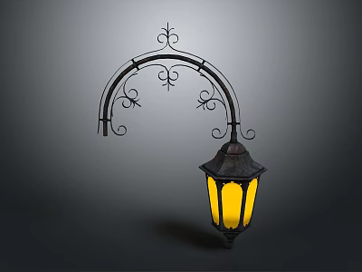 Vintage Ornate Iron Wall Lamp With Curved Design And Yellow Glass Shade 3d model