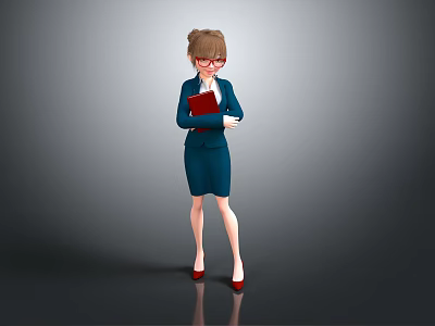 Female Character In Blue Suit Dress With Red Glasses Red Folder Standing On Gray Background 3d model