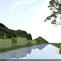 Beautiful Mountain Landscape With Blue Sky White Clouds River Reflection Green Trees And Bushes