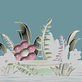 3D Cartoon Pink Flower Decor With Green Platform And Leaves Plants On Light Blue Background