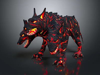 Fiery Three Headed Lava Monster Game Movie Character with Glowing Eyes Sharp Teeth and Claws 3d model