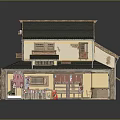Traditional Japanese Two Story Building With Black Roof Wooden Shop Front And Red Stall