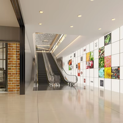 Modern Escalator Hallway With Escalators Colorful Poster Wall Recessed Ceiling Lights And Sleek Tiled Floor 3d model
