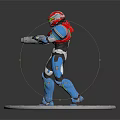 Armored Character Model Featuring Red Helmet Blue Armor Green Glowing Accents And Silver Circular Base