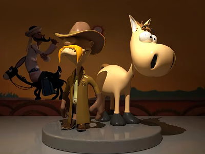 Western Themed Game Movie Characters Featuring Cowboy Hat Figure Trench Coat Character And Yellow Horse 3d model