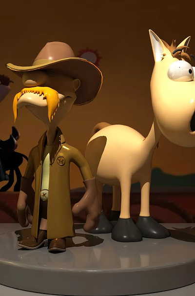 Western Themed Game Movie Characters Featuring Cowboy Hat Figure Trench Coat Character And Yellow Horse 3d model