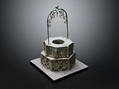 Garden Ornament Stone Well Shaped Structure With Carved Patterns And Iron Arch Decoration 3d model