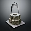 Garden Ornament Stone Well Shaped Structure With Carved Patterns And Iron Arch Decoration