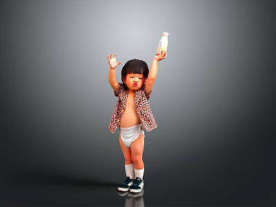 Cute Child Wearing Leopard Print Shirt White Diaper Holding Milk Bottle on Grey Background 3d model