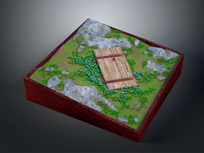 Organic Fresh Edible Herbs Placed on Wooden Board with Green Plants and Stones 3d model