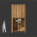 Wooden Multi Layer Storage Structure With Louvered Panels And Small Figure Holding Green Items