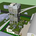 Modern High Rise Office Building With Glass Facade And Surrounding Greenery
