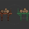 Stacked Wooden Logs On Red And Green Racks For Material Storage