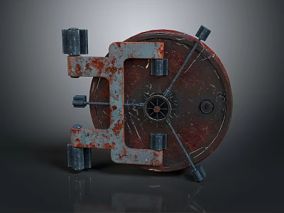 Vintage Rusted Metal Equipment With Circular Body And Mechanical Brackets 3d model