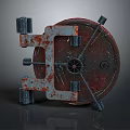 Vintage Rusted Metal Equipment With Circular Body And Mechanical Brackets