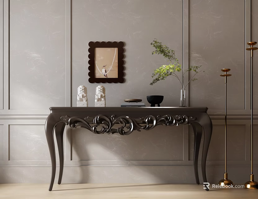 Elegant Carved Black Console Table With Decorations Gold Lamps On Light Gray Vertical Panel Wall 3d model 