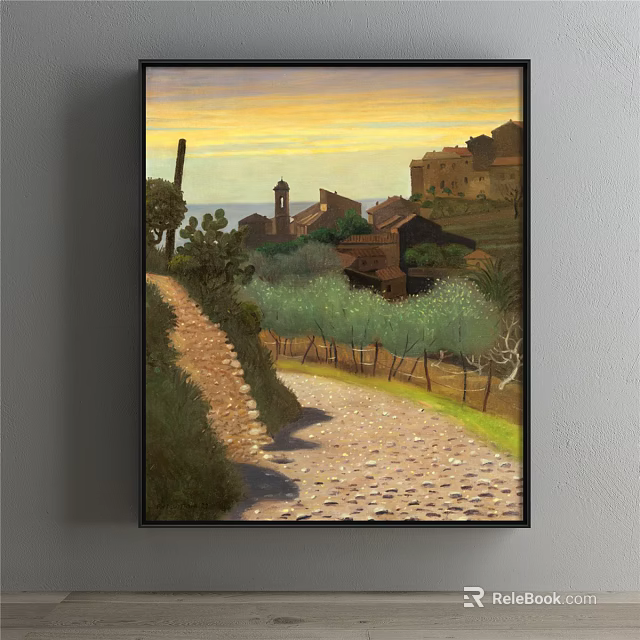 Landscape Painting of Rural Path With Stone Paved Road Old Houses Green Trees And Sunset Sky 3d model 