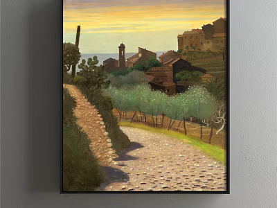Landscape Painting of Rural Path With Stone Paved Road Old Houses Green Trees And Sunset Sky 3d model