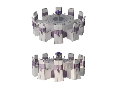 Modern Round Dining Table Set With White Chairs And Purple Ribbon Decorations 3d model