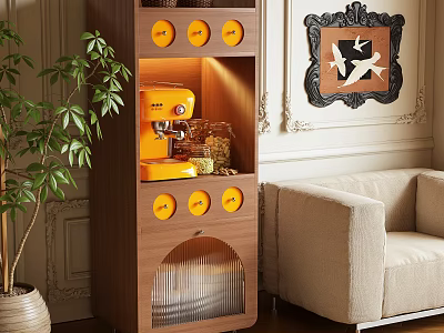 Elegant Wooden Sideboard with Coffee Machine Decorative Painting Green Plant and Warm Lighting 3d model