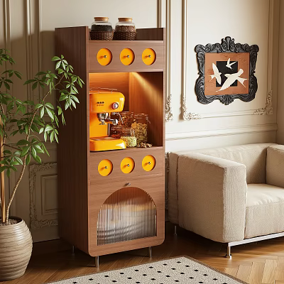 Elegant Wooden Sideboard with Coffee Machine Decorative Painting Green Plant and Warm Lighting 3d model