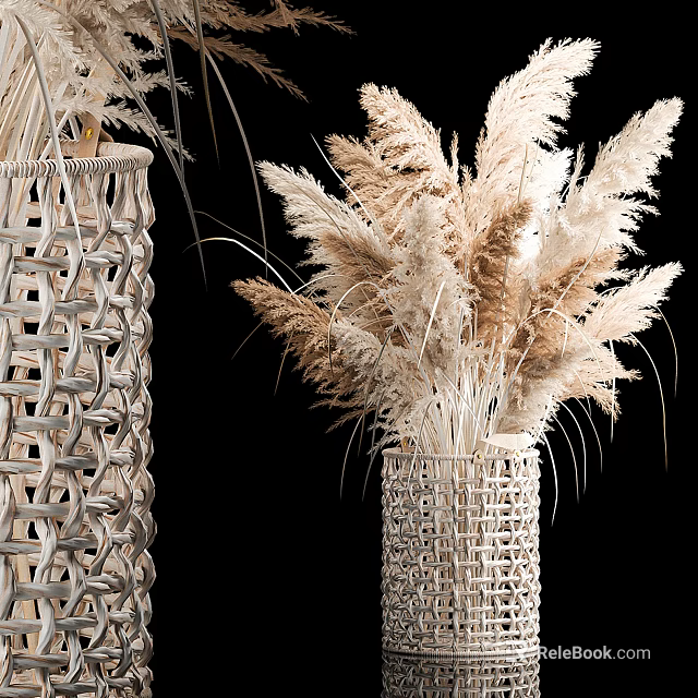 Woven Vase With Dried Pampas Grass In Natural Tones On Black Background 3d model 