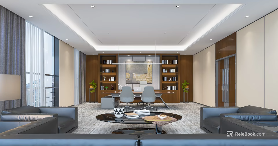 Modern Office Interior Design With Bookshelves Desk Chairs Sofas And Coffee Table 3d model