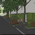 Green Urban Parking Lot With Hedge Walls Bicycle Parking Trees And Pedestrians In Street Setting