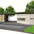 Modern Entrance Gate Architectural Design With Marble Walls Fountains And Trees