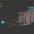 3D Industrial Model Displaying Transparent Framework Colored Pipelines And Structural Components