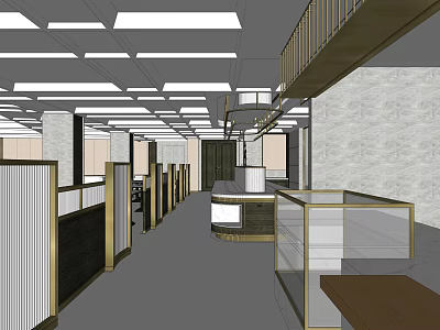 Modern Restaurant Interior With Open Layout Wooden Railings Gray Walls And Ceiling Lights 3d model