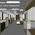 Modern Restaurant Interior With Open Layout Wooden Railings Gray Walls And Ceiling Lights