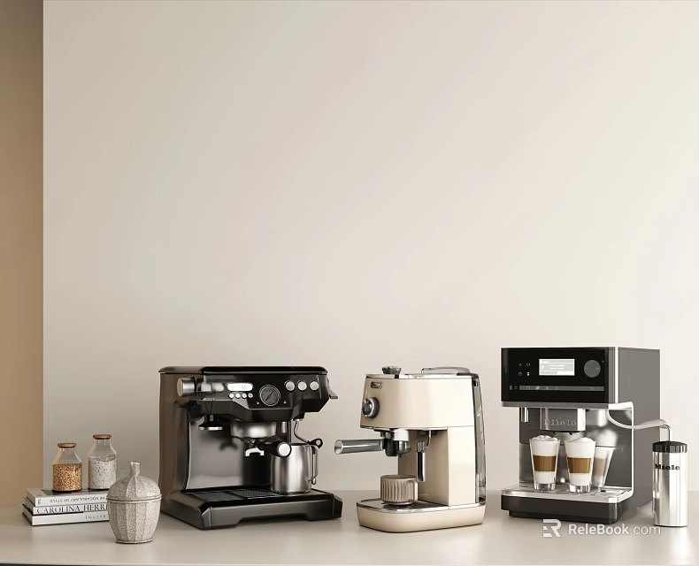 Modern Kitchen Coffee Machines in Different Styles with Coffee Cups and Jars 3d model 