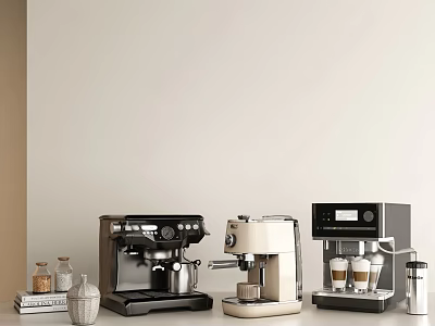 Modern Kitchen Coffee Machines in Different Styles with Coffee Cups and Jars 3d model