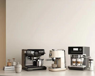 Modern Kitchen Coffee Machines in Different Styles with Coffee Cups and Jars 3d model