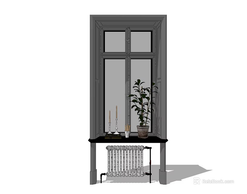 Casement Window with Gray Frame and Table Below Featuring Plant Candles Vase and Radiator 3d model 
