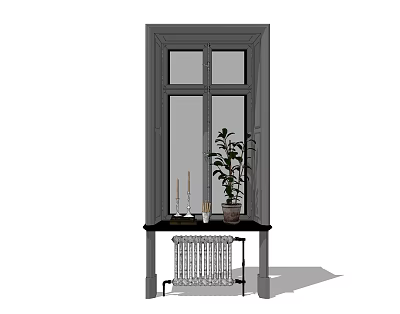 Casement Window with Gray Frame and Table Below Featuring Plant Candles Vase and Radiator 3d model