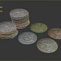 Intricately Sculpted Silver And Gold Coins With Detailed Carved Designs Stacked And Scattered