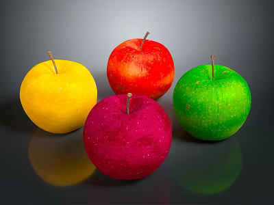 Four Colorful Apples in Yellow Red Pink and Green on Dark Background 3d model