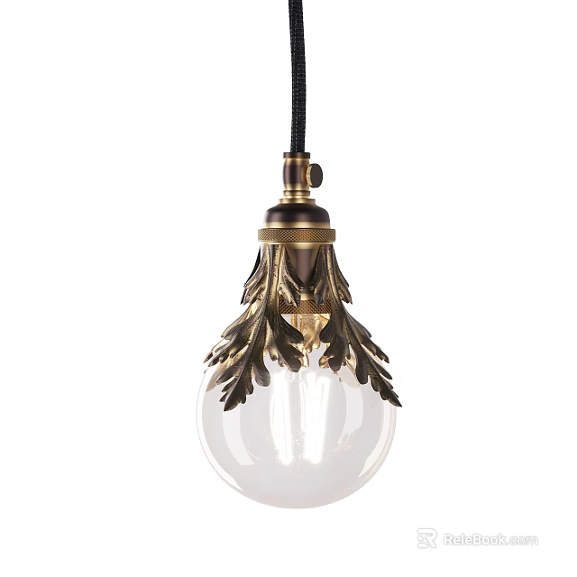 Vintage Brass Chandelier With Intricate Leaf Accents And Clear Glass Bulb 3d model 