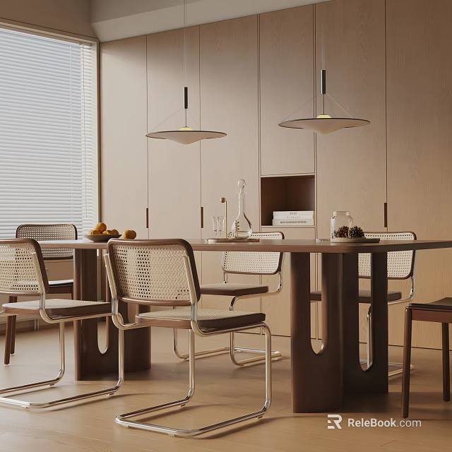 Modern Dining Table Set With Rattan Chairs Pendant Lights And Cabinets 3d model 